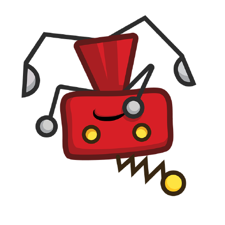 A grumpy red robot, upside down