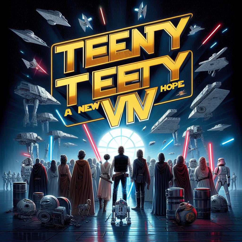 A collection of people and droids, some of them carrying lightsabers, underneath a fleet of giant spaceships with
  legs in improbable configurations.  The caption reads "Teenty Teety A New VIV Hope" in approximately Star Wars font.