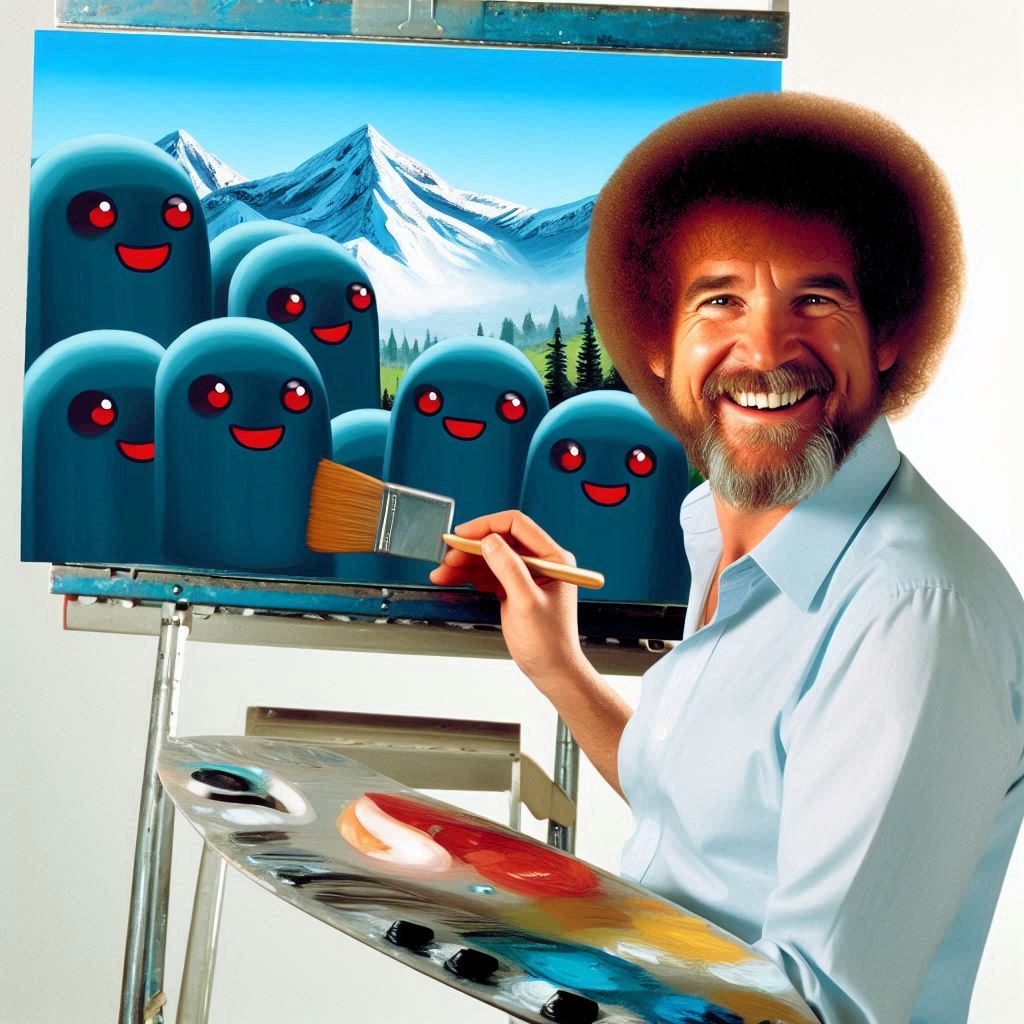 An AI-generated image of Bob Ross smiling towards the viewer with a paintbrush and palette in hand.
He's painting a delightful nature scene with a number of red-eyed ominous blobs dominating the foreground.