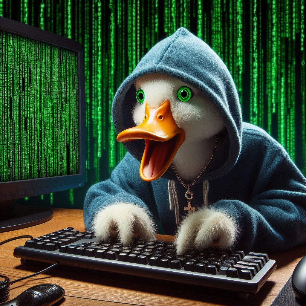 A crazed-looking duck in a hacker hoodie typing madly on a keyboard. on the computer monitor, green text is
  scrolling by, matrix-style