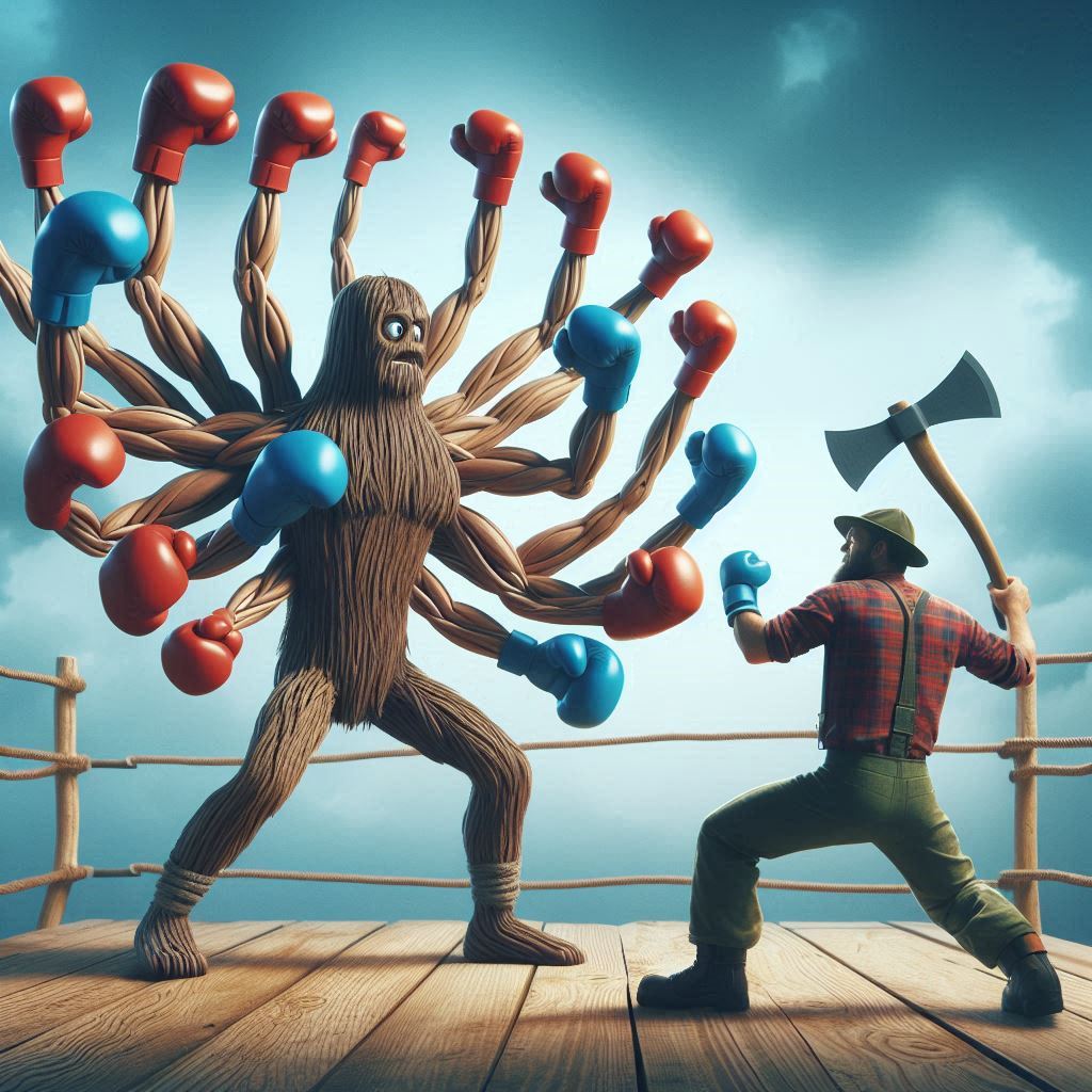 A large tree-like creature with dozens of limbs, each wearing boxing gloves, versus a woodsman with an axe.  The
  tree-like creature looks slightly terrified