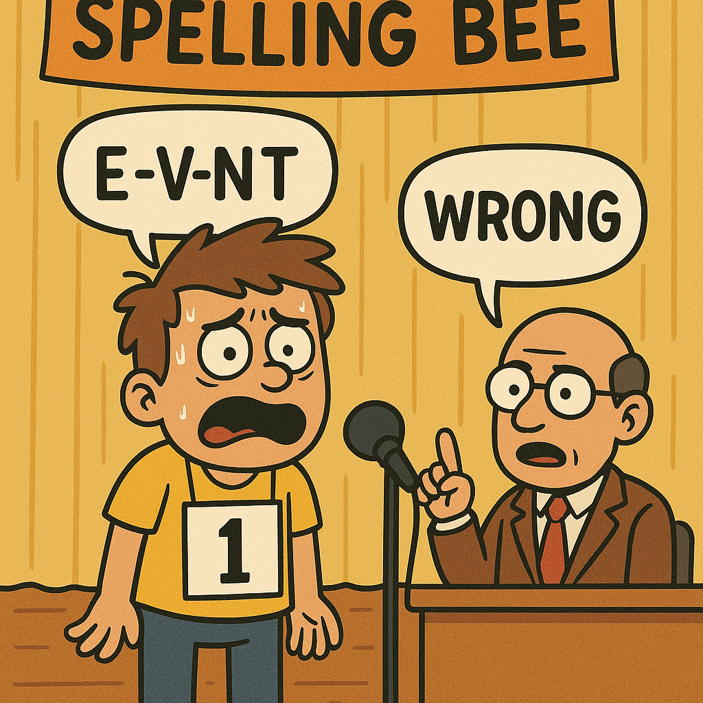 A cartoon of a character in a spelling bee, trying to spell the word "EVENT", but failing miserably; the character spells it E-V-NT.  A judge sits off to the side saying "WRONG"