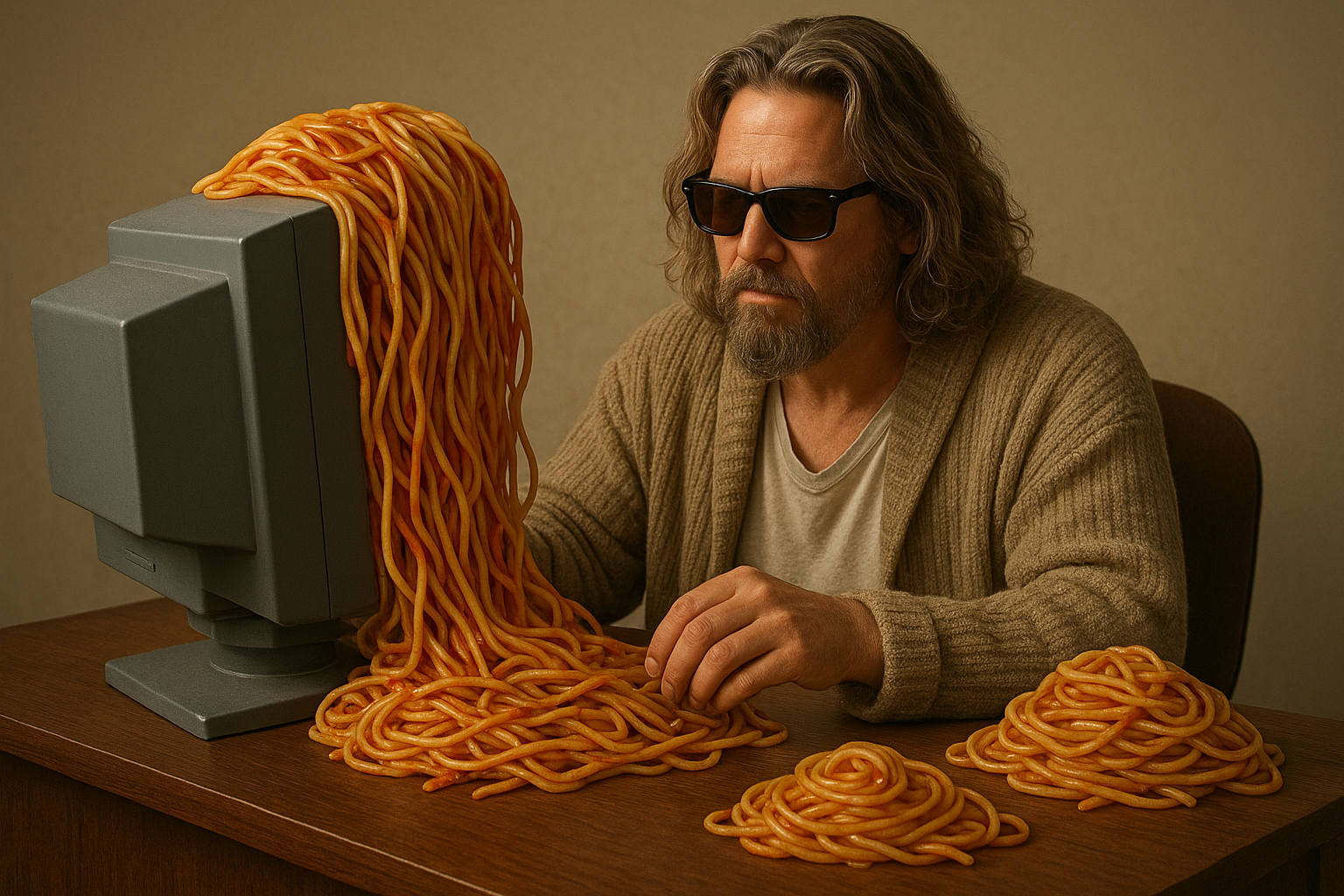 The dude sitting in front of a computer monitor, out of which is pouring a giant mass of spaghetti.  The dude is attempting to sort the spaghetti into neat piles.